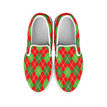 Red And Green Argyle Pattern Print White Slip On Shoes