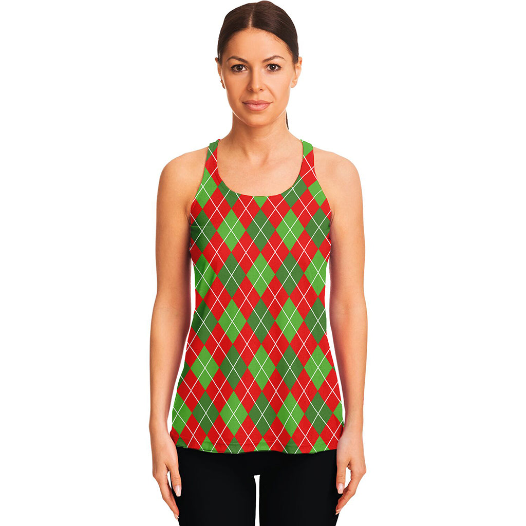Red And Green Argyle Pattern Print Women's Racerback Tank Top