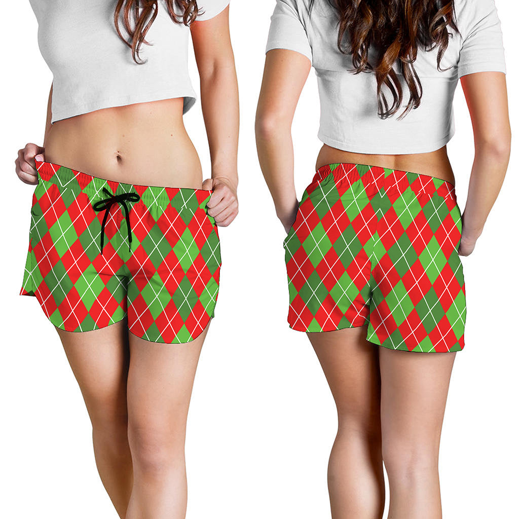 Red And Green Argyle Pattern Print Women's Shorts