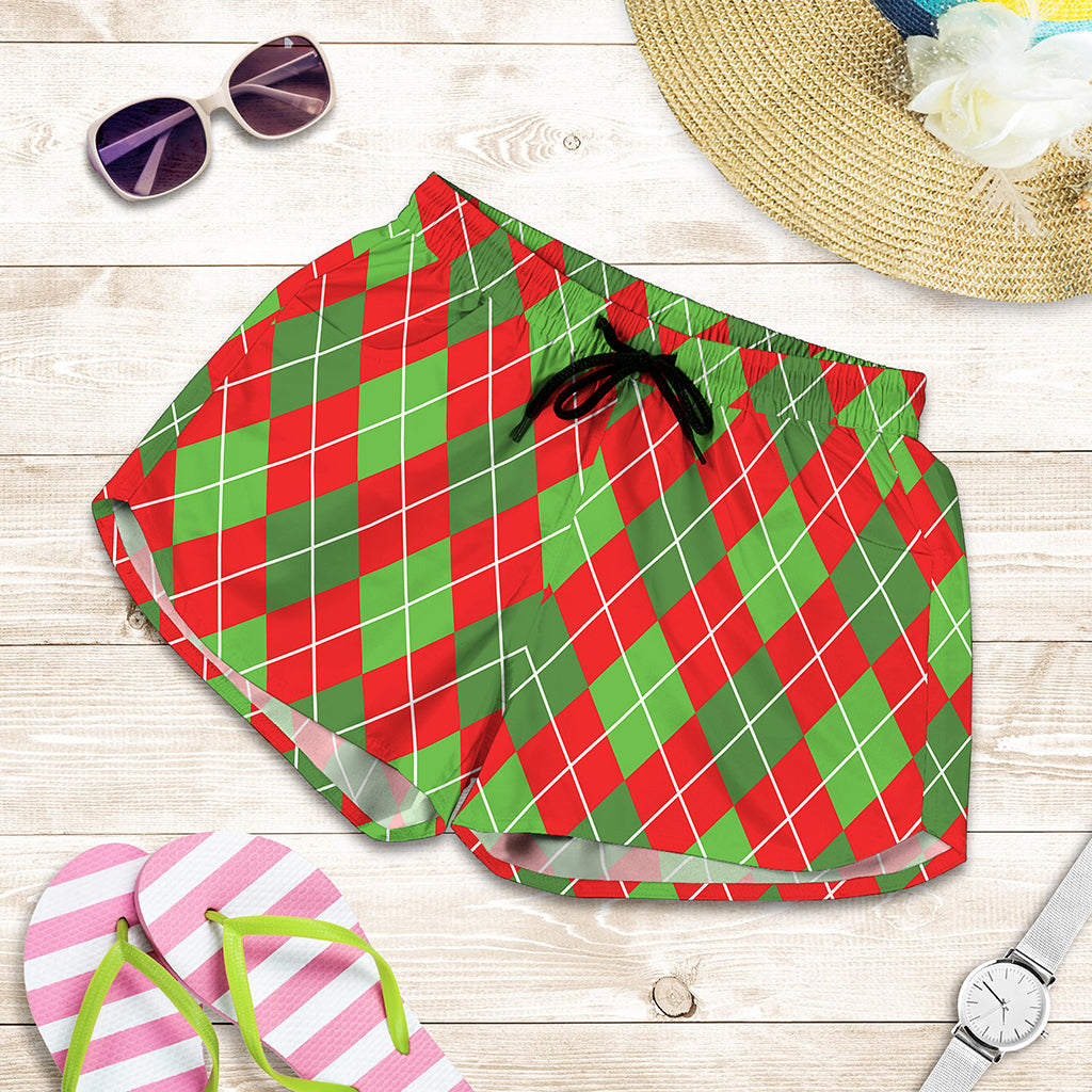 Red And Green Argyle Pattern Print Women's Shorts