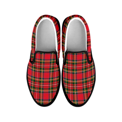 Red And Green Scottish Tartan Print Black Slip On Shoes