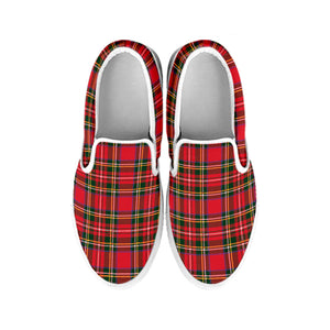 Red And Green Scottish Tartan Print White Slip On Shoes