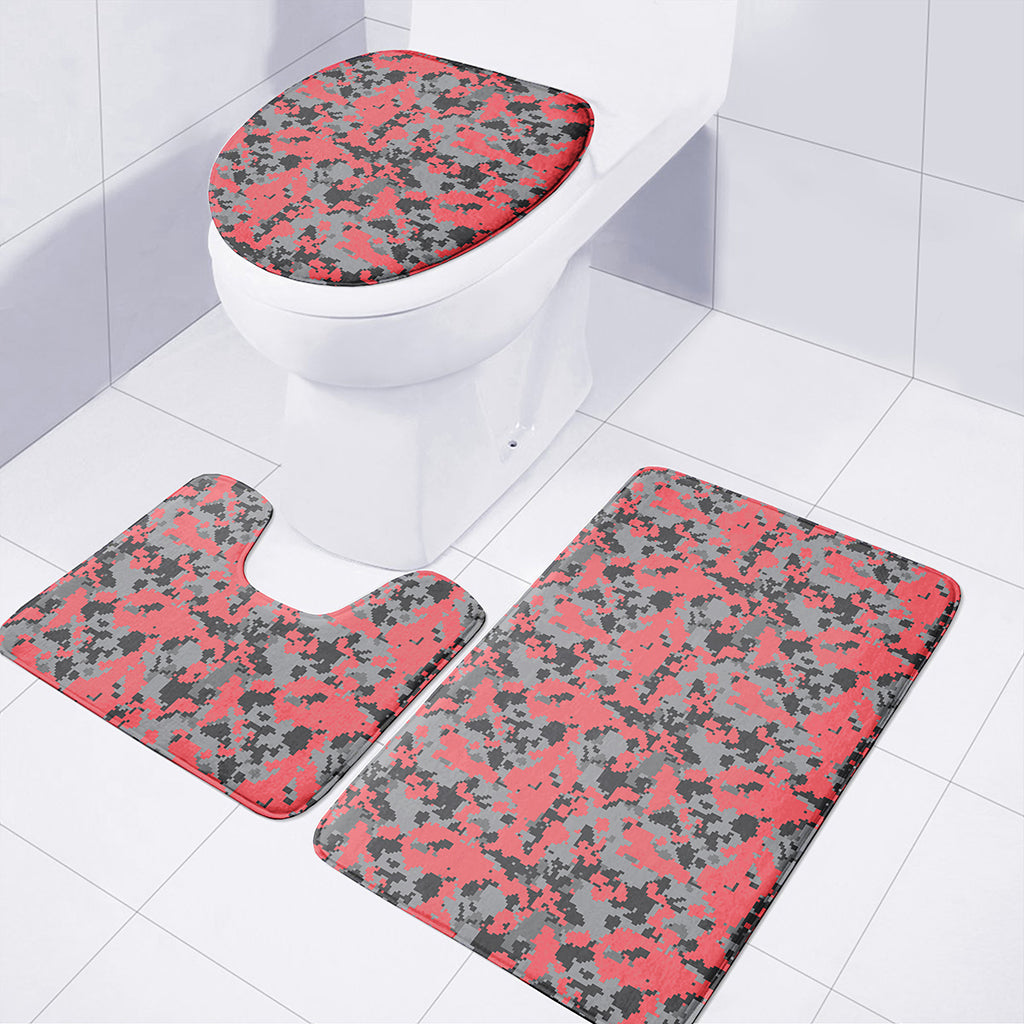 Red And Grey Digital Camo Pattern Print 3 Piece Bath Mat Set
