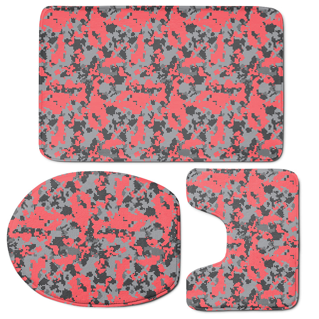 Red And Grey Digital Camo Pattern Print 3 Piece Bath Mat Set