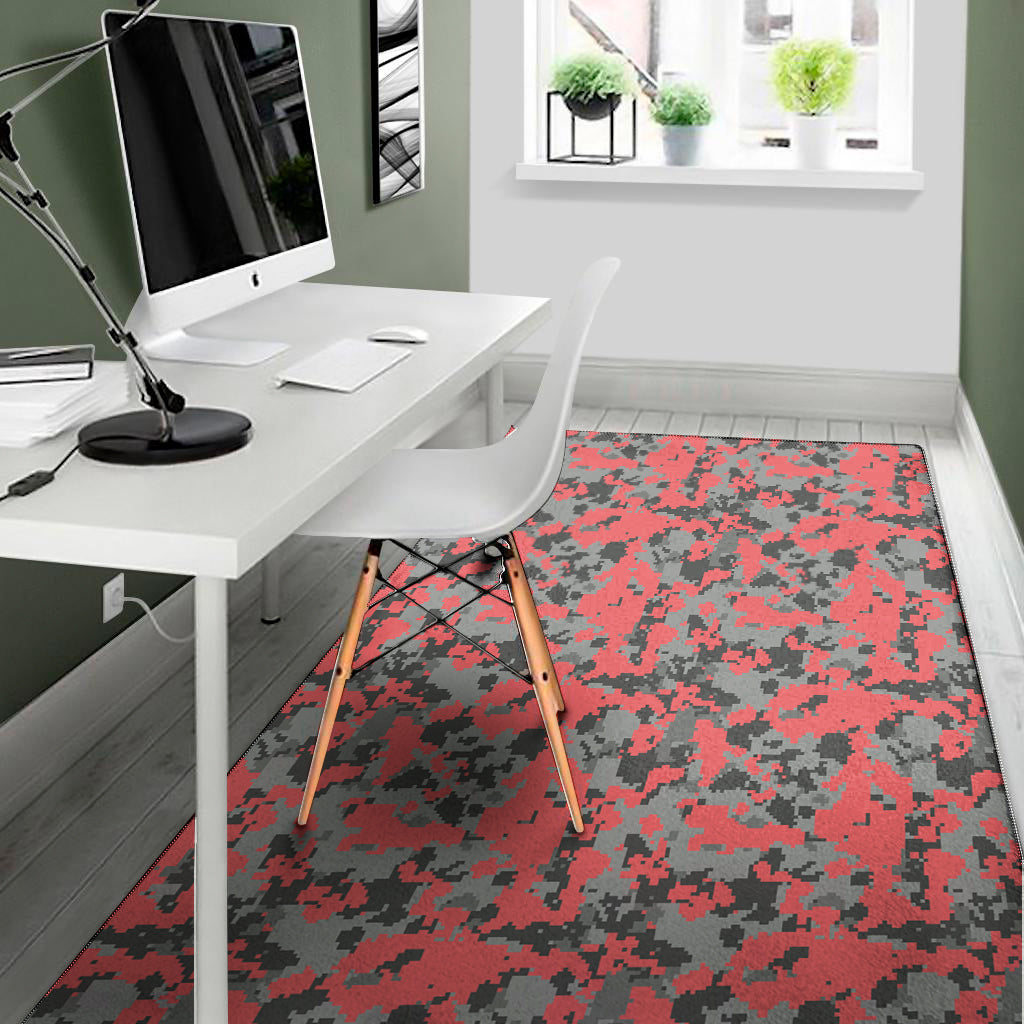 Red And Grey Digital Camo Pattern Print Area Rug