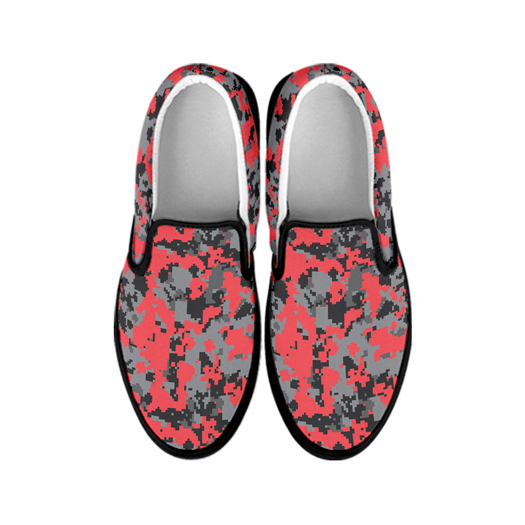 Red And Grey Digital Camo Pattern Print Black Slip On Shoes