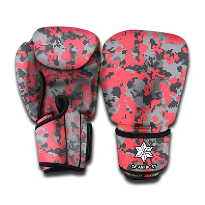 Red And Grey Digital Camo Pattern Print Boxing Gloves