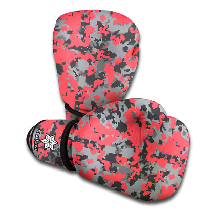 Red And Grey Digital Camo Pattern Print Boxing Gloves
