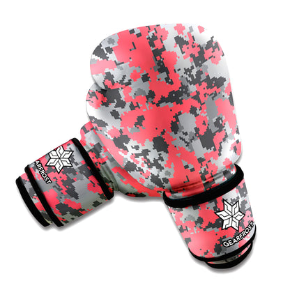 Red And Grey Digital Camo Pattern Print Boxing Gloves