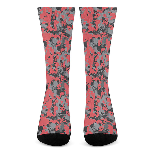 Red And Grey Digital Camo Pattern Print Crew Socks