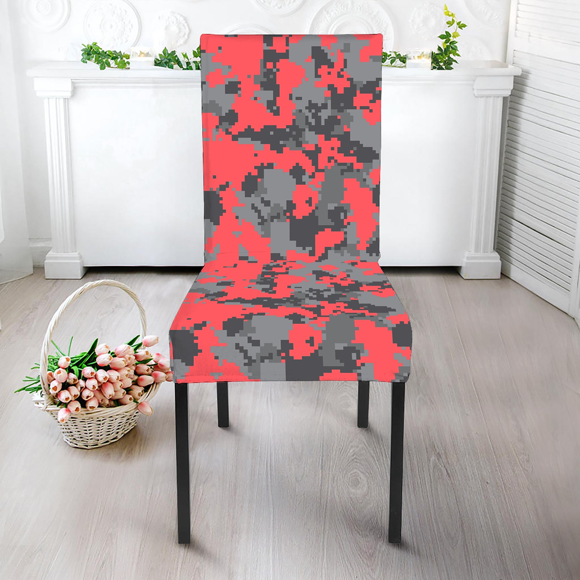 Red And Grey Digital Camo Pattern Print Dining Chair Slipcover