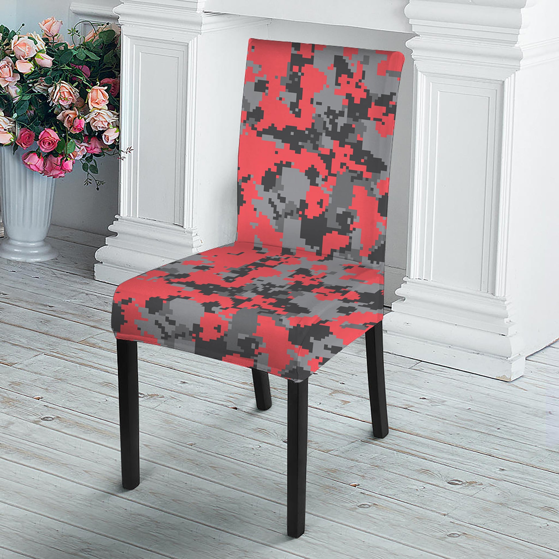 Red And Grey Digital Camo Pattern Print Dining Chair Slipcover