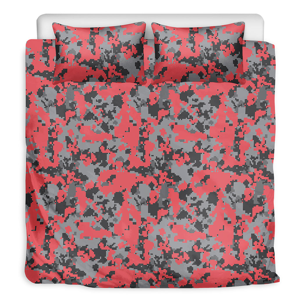 Red And Grey Digital Camo Pattern Print Duvet Cover Bedding Set