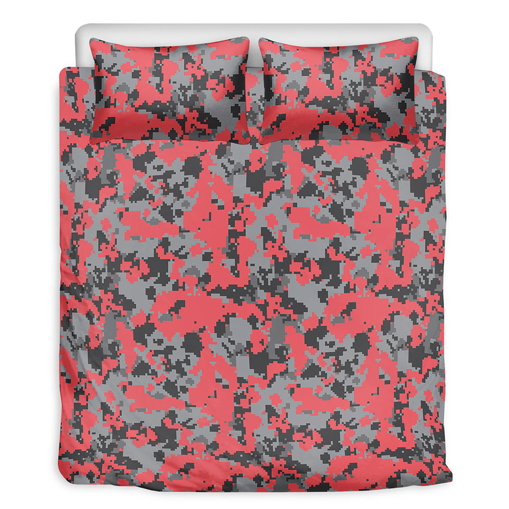 Red And Grey Digital Camo Pattern Print Duvet Cover Bedding Set
