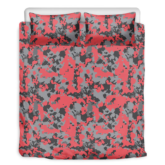 Red And Grey Digital Camo Pattern Print Duvet Cover Bedding Set