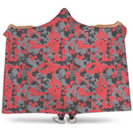 Red And Grey Digital Camo Pattern Print Hooded Blanket