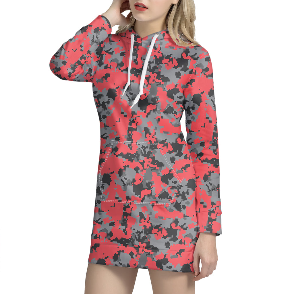 Red And Grey Digital Camo Pattern Print Hoodie Dress