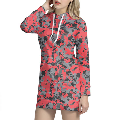Red And Grey Digital Camo Pattern Print Hoodie Dress