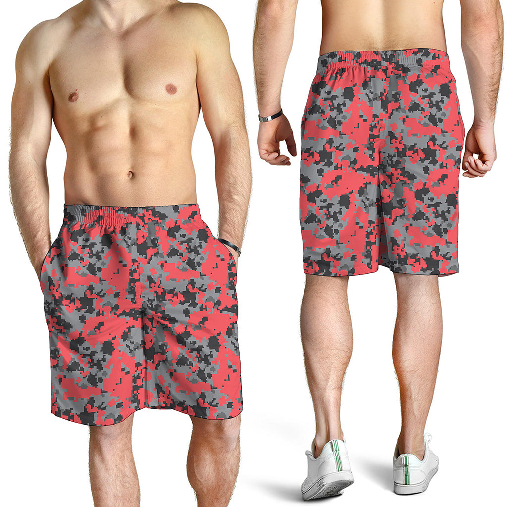 Red And Grey Digital Camo Pattern Print Men's Shorts