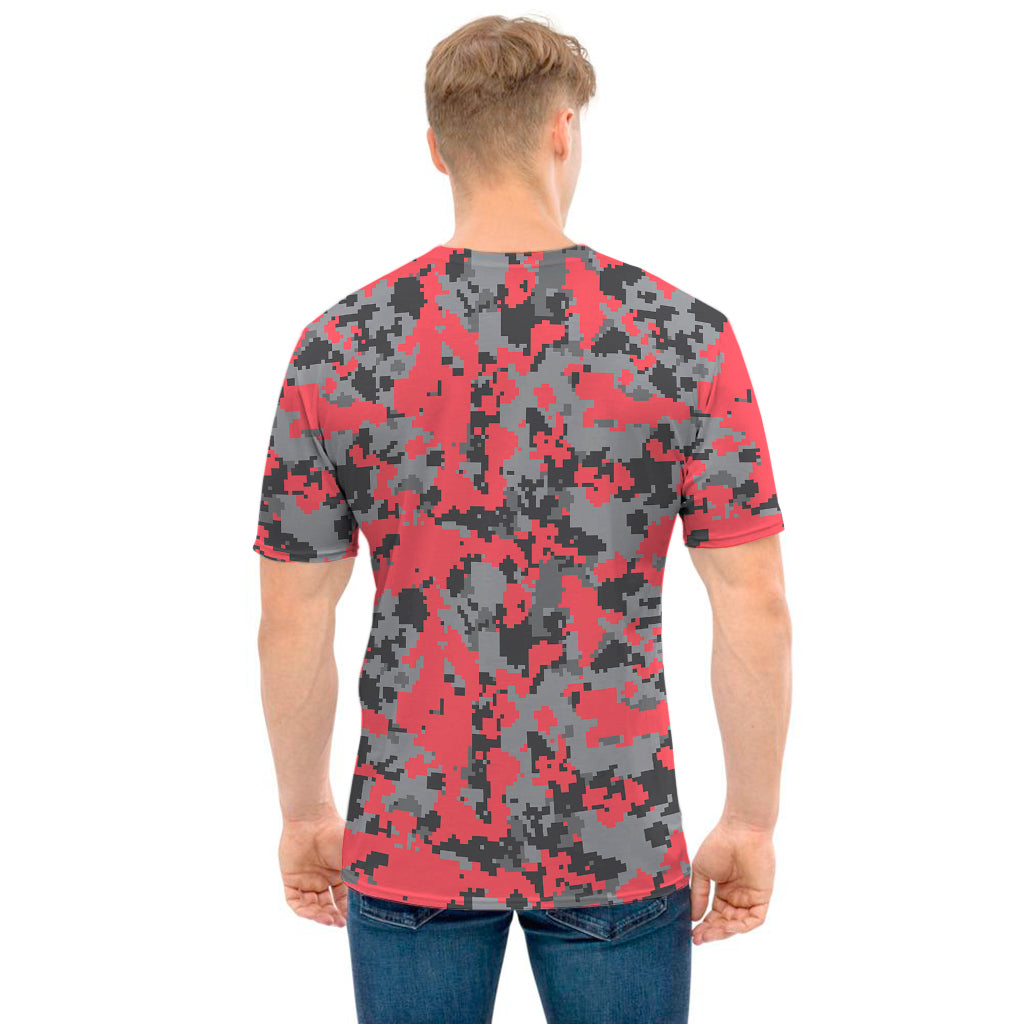 Red And Grey Digital Camo Pattern Print Men's T-Shirt