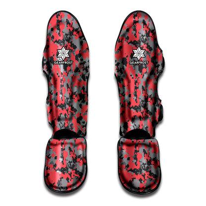 Red And Grey Digital Camo Pattern Print Muay Thai Shin Guard