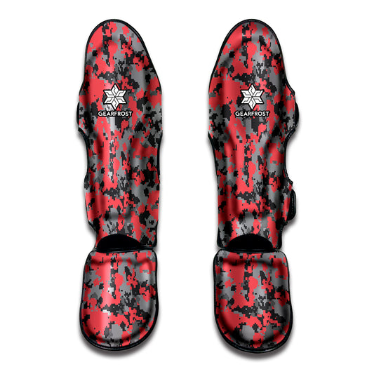 Red And Grey Digital Camo Pattern Print Muay Thai Shin Guard