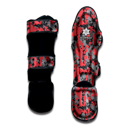 Red And Grey Digital Camo Pattern Print Muay Thai Shin Guard