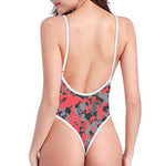 Red And Grey Digital Camo Pattern Print One Piece High Cut Swimsuit