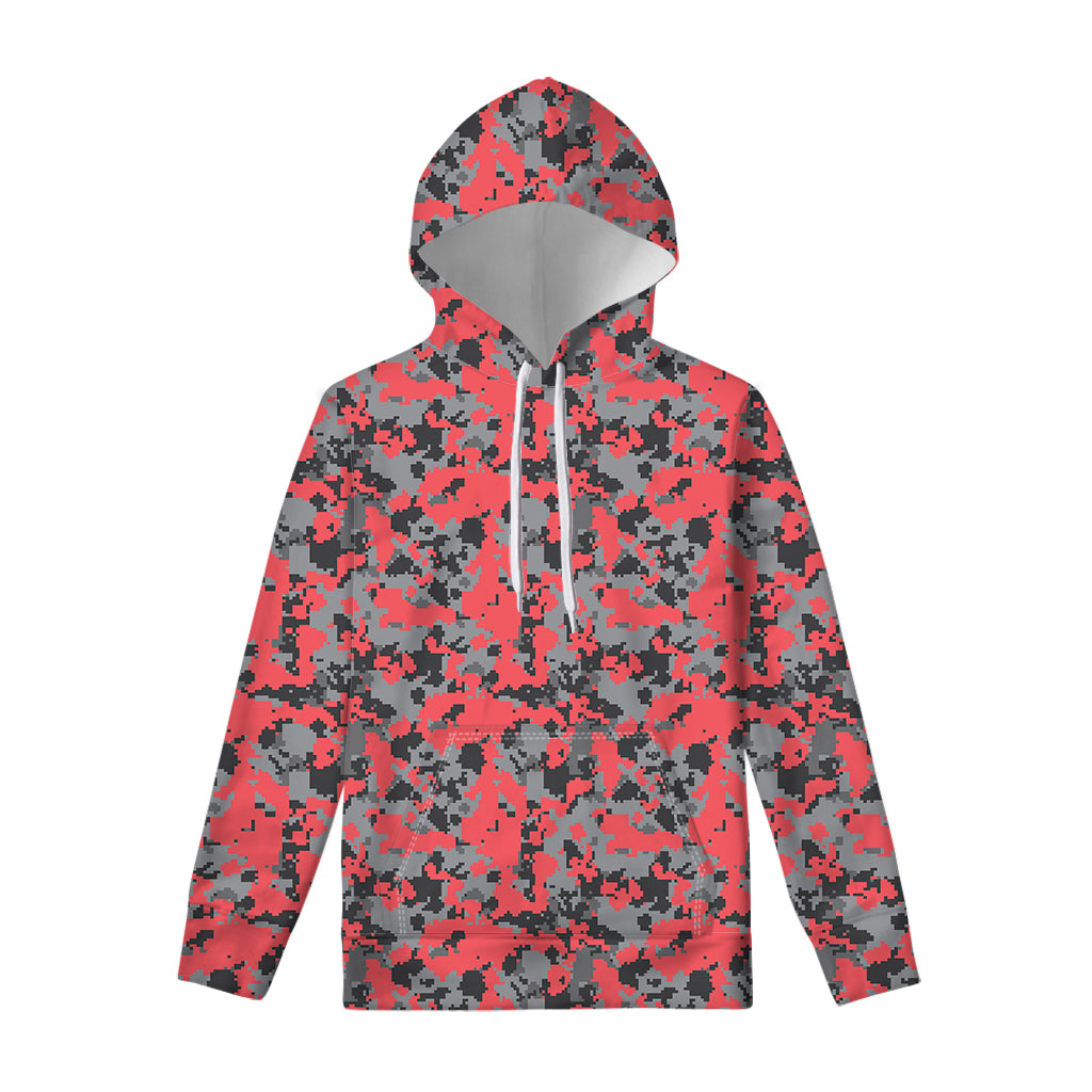 Red And Grey Digital Camo Pattern Print Pullover Hoodie