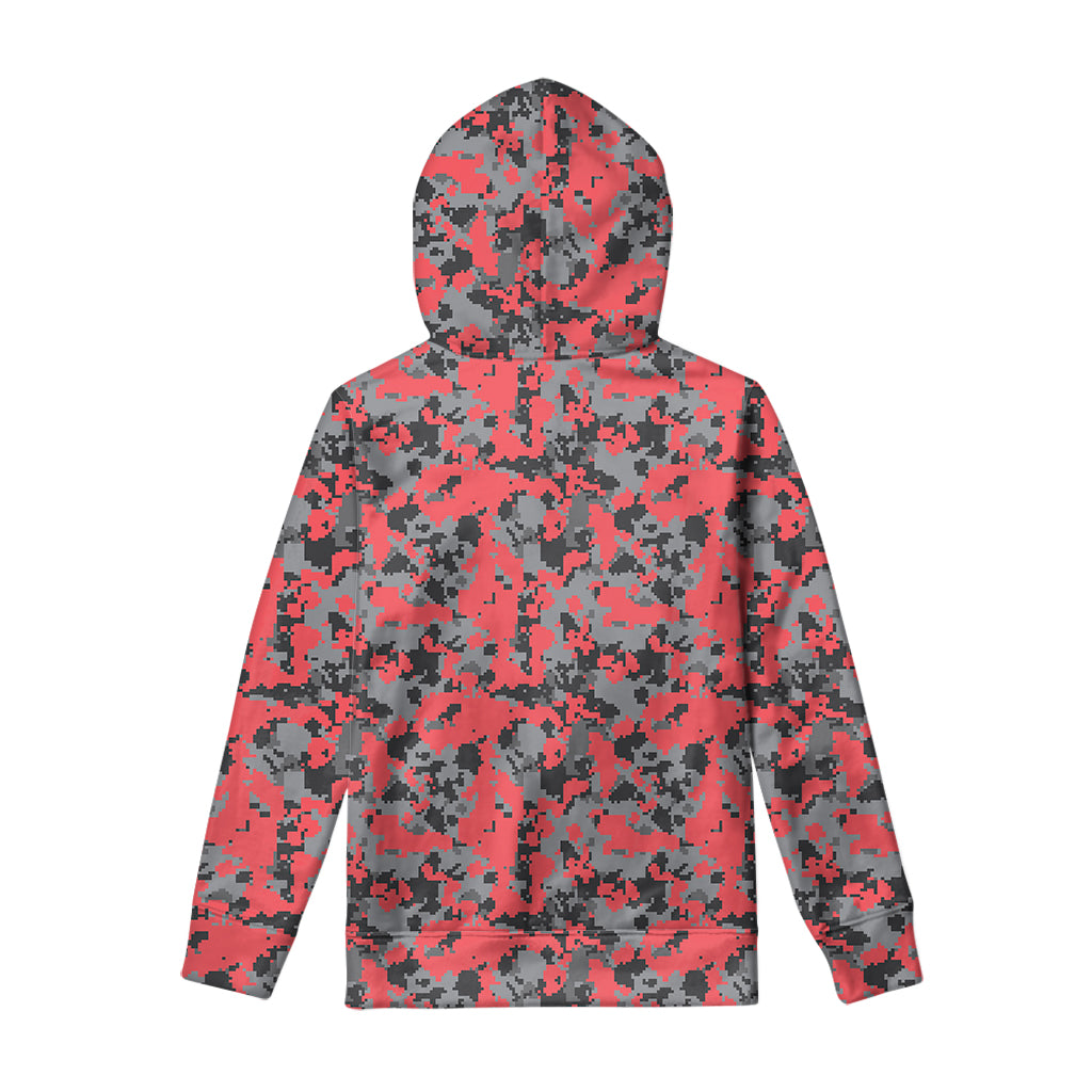 Red And Grey Digital Camo Pattern Print Pullover Hoodie