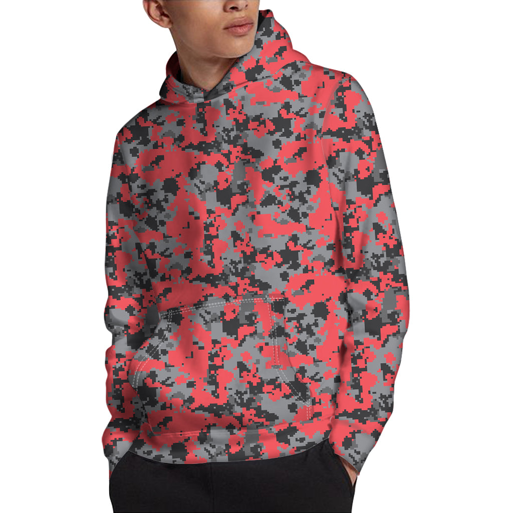 Red And Grey Digital Camo Pattern Print Pullover Hoodie