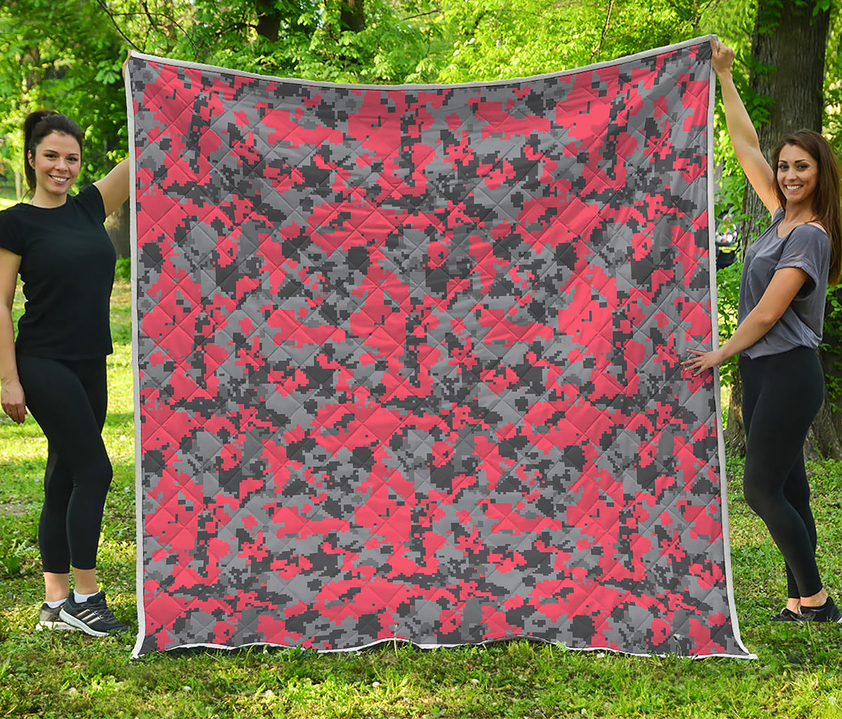 Red And Grey Digital Camo Pattern Print Quilt