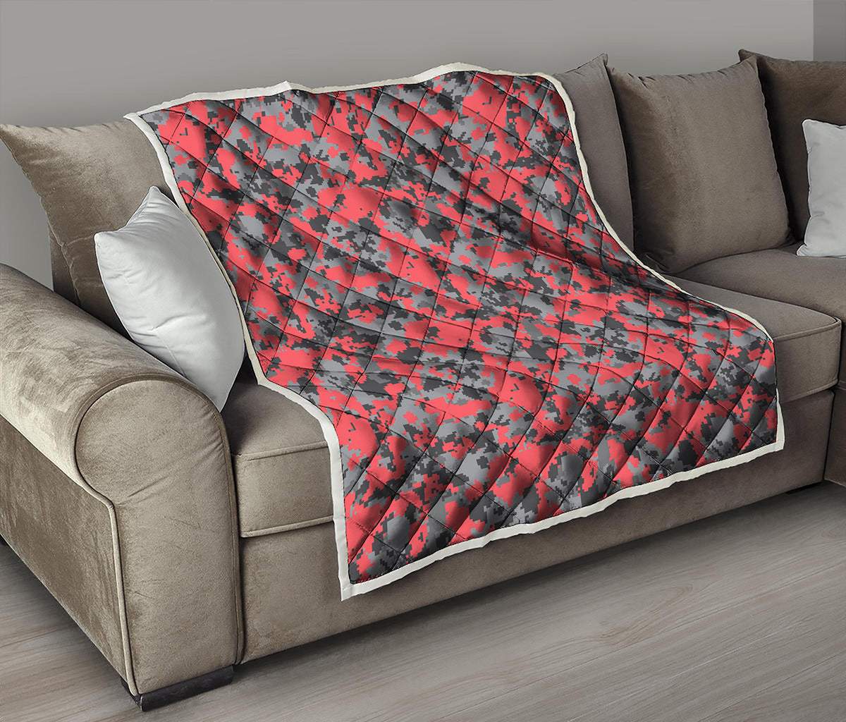 Red And Grey Digital Camo Pattern Print Quilt