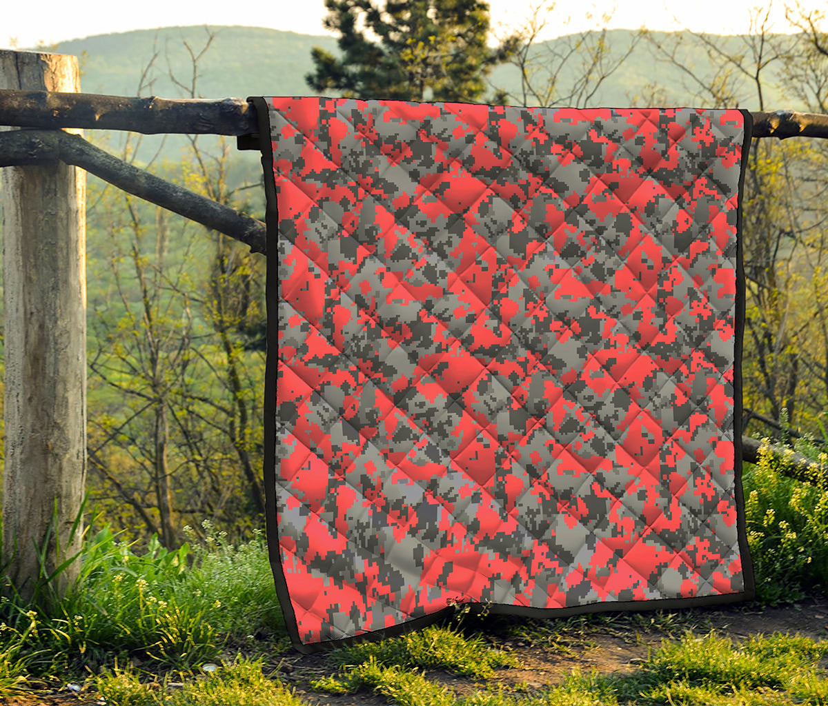 Red And Grey Digital Camo Pattern Print Quilt