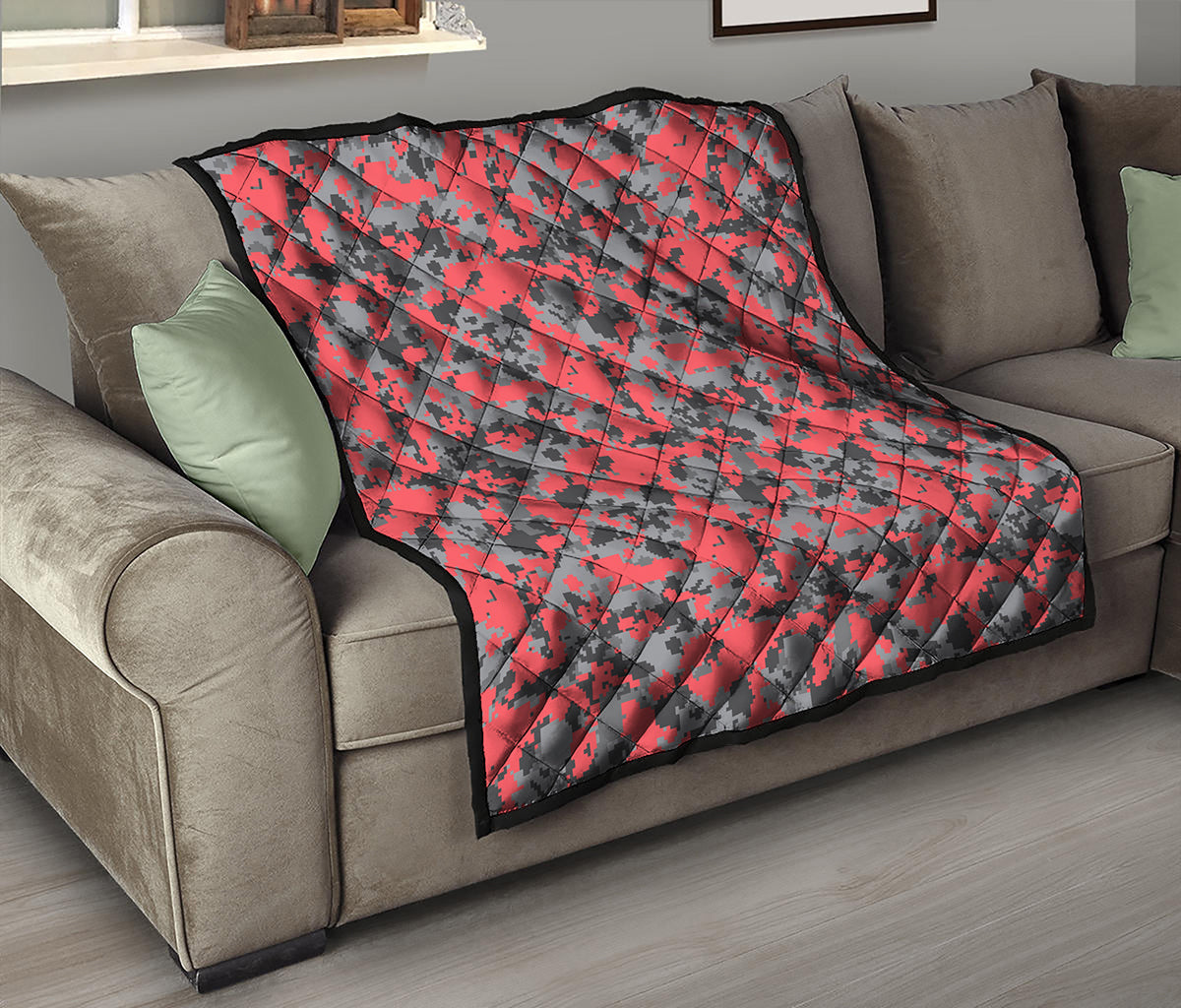 Red And Grey Digital Camo Pattern Print Quilt
