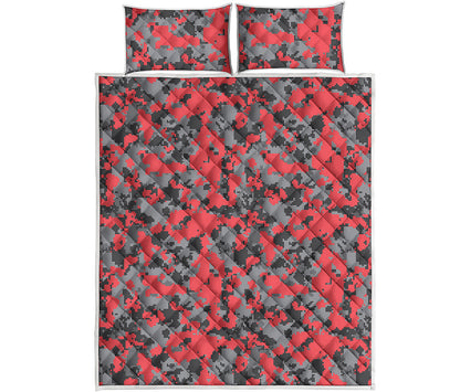 Red And Grey Digital Camo Pattern Print Quilt Bed Set