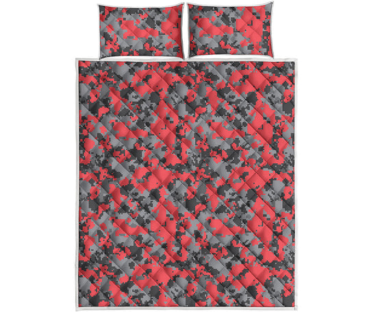 Red And Grey Digital Camo Pattern Print Quilt Bed Set