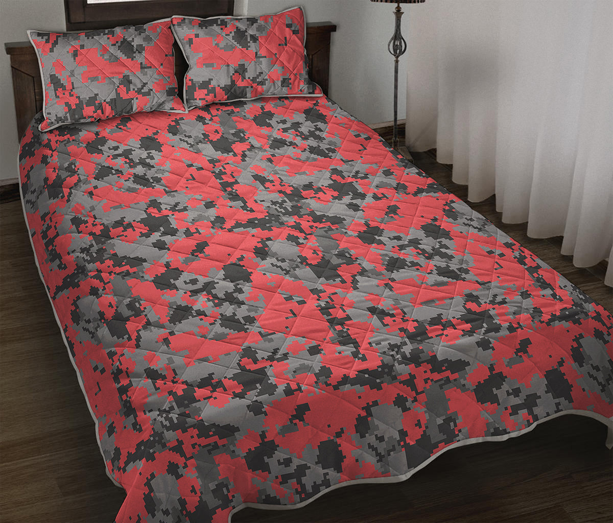 Red And Grey Digital Camo Pattern Print Quilt Bed Set