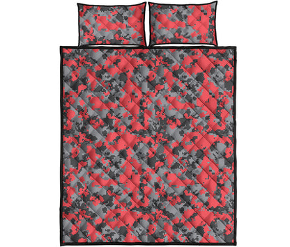 Red And Grey Digital Camo Pattern Print Quilt Bed Set