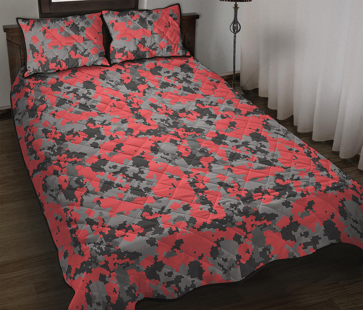 Red And Grey Digital Camo Pattern Print Quilt Bed Set