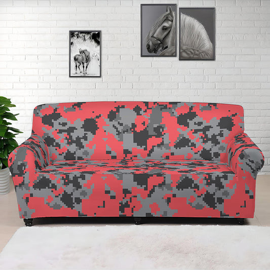 Red And Grey Digital Camo Pattern Print Sofa Cover