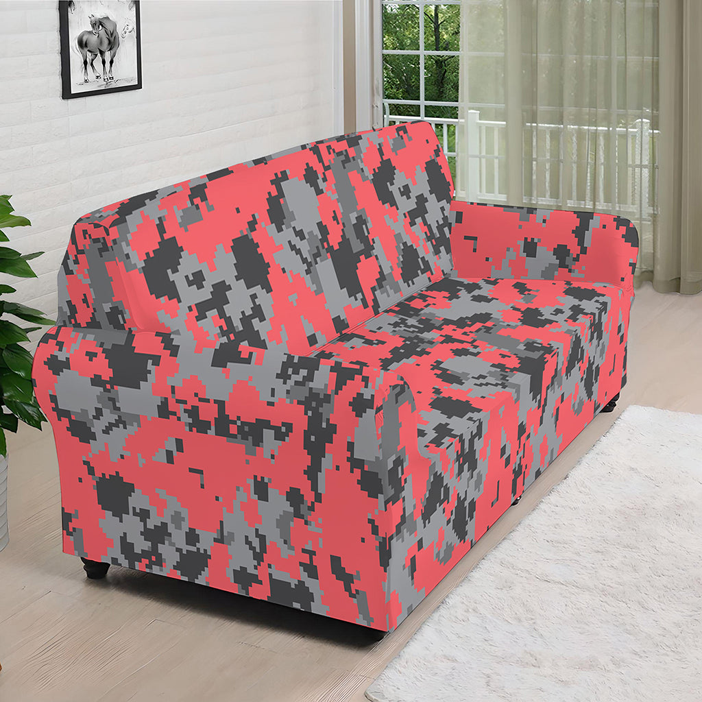 Red And Grey Digital Camo Pattern Print Sofa Cover