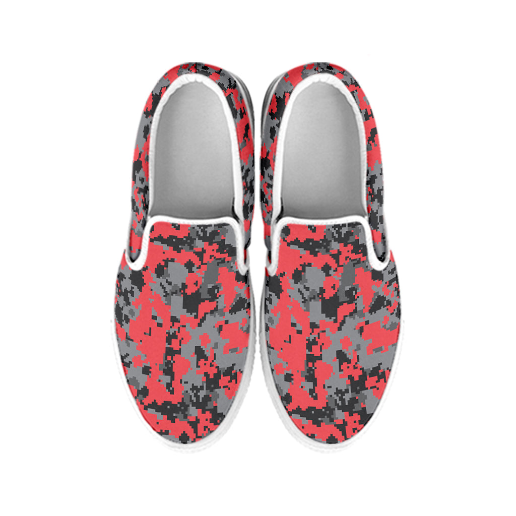 Red And Grey Digital Camo Pattern Print White Slip On Shoes