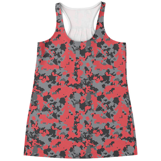 Red And Grey Digital Camo Pattern Print Women's Racerback Tank Top