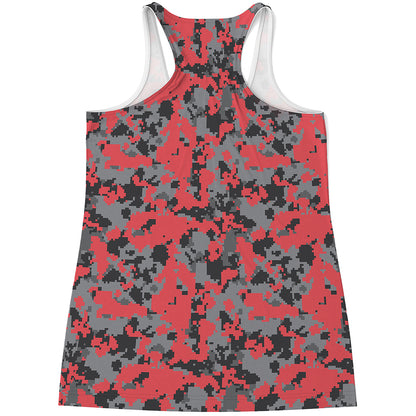 Red And Grey Digital Camo Pattern Print Women's Racerback Tank Top