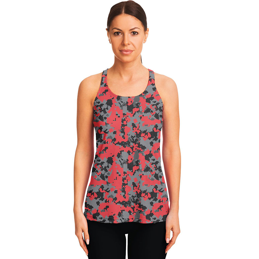 Red And Grey Digital Camo Pattern Print Women's Racerback Tank Top