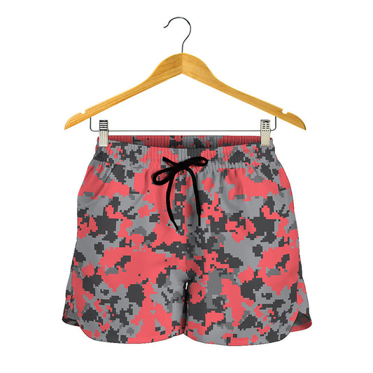 Red And Grey Digital Camo Pattern Print Women's Shorts