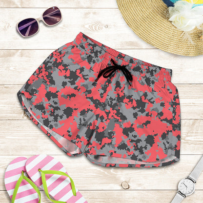 Red And Grey Digital Camo Pattern Print Women's Shorts
