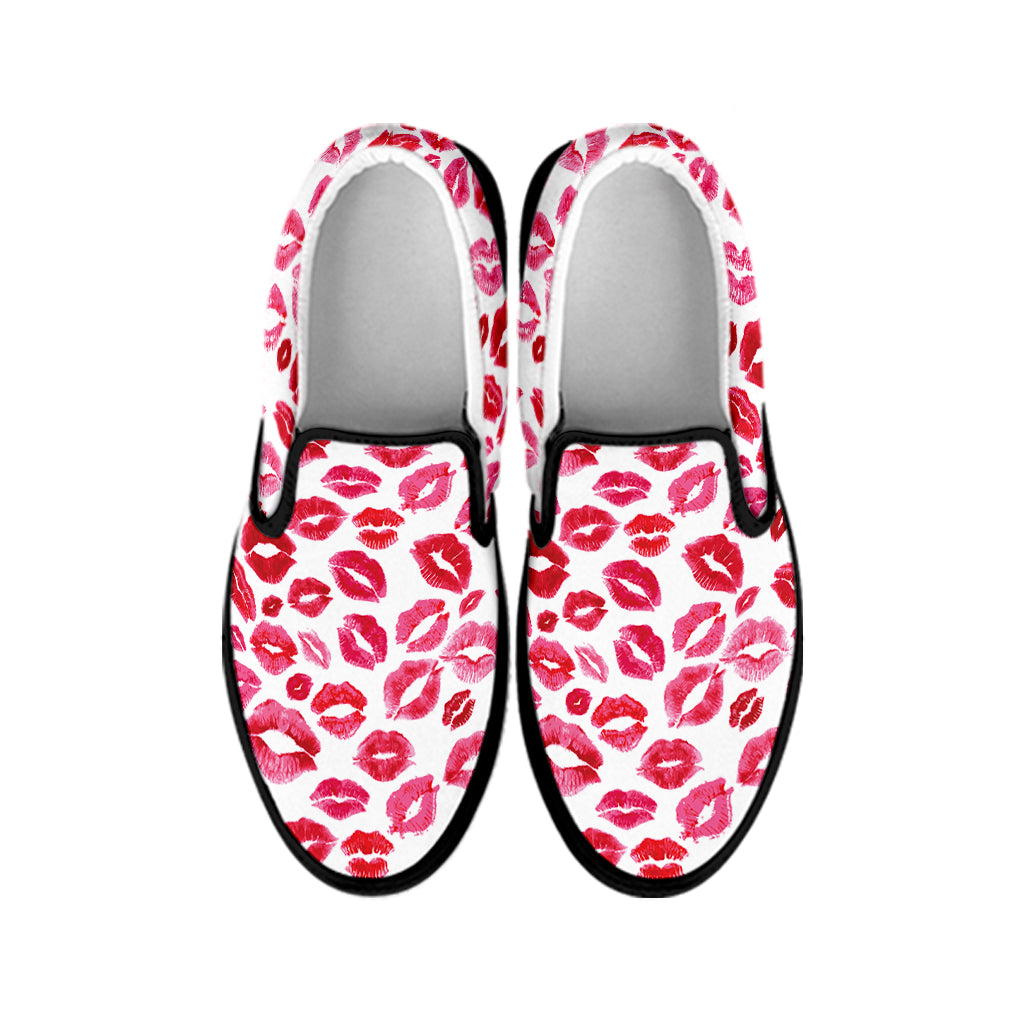 Red And Pink Lips Pattern Print Black Slip On Shoes