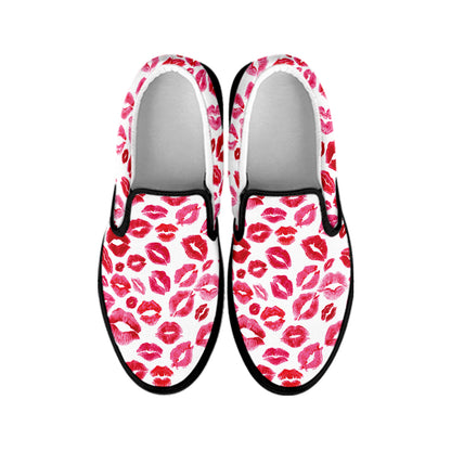 Red And Pink Lips Pattern Print Black Slip On Shoes